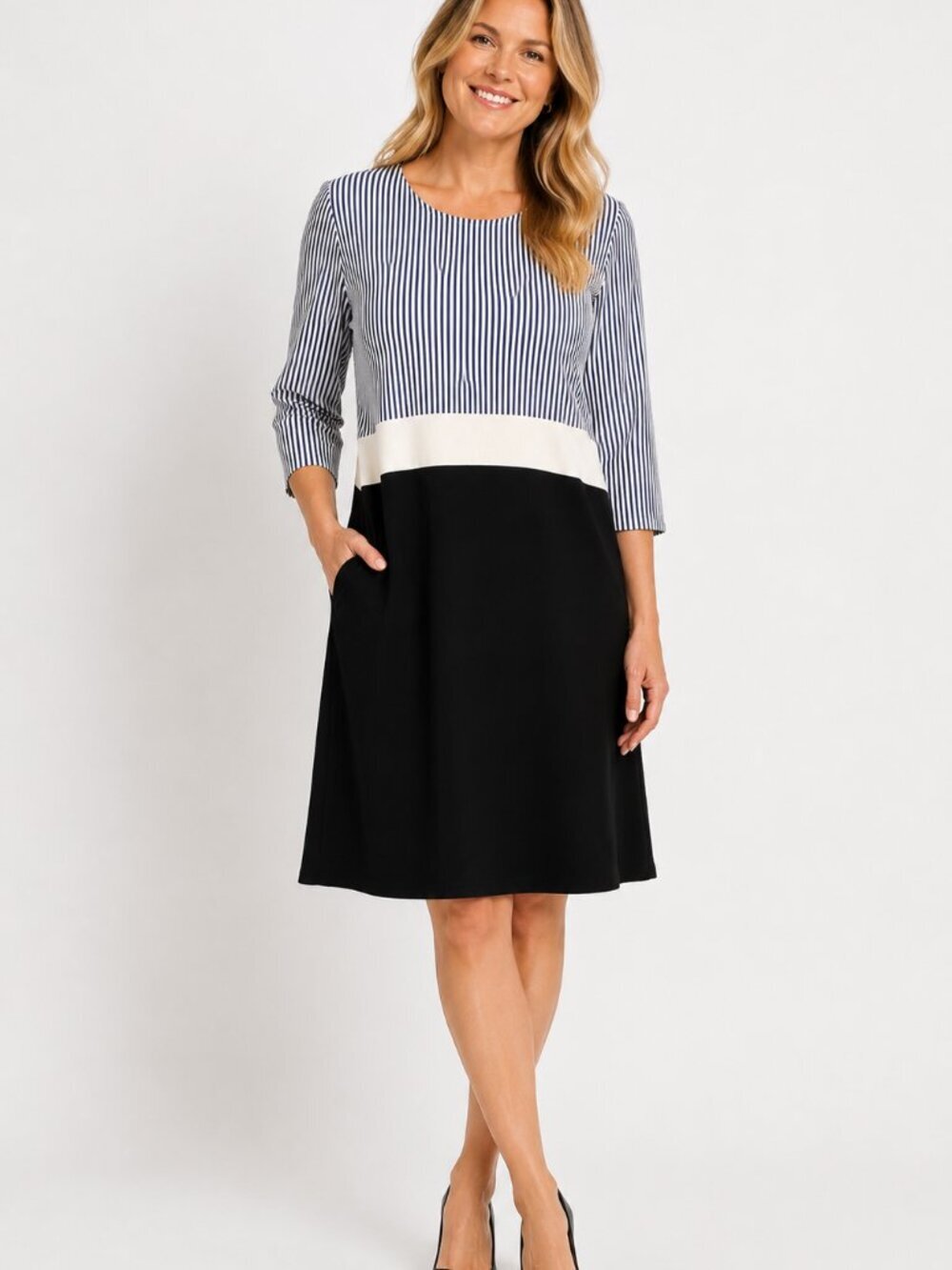 J.Jill Striped Colorblock Dress Size Large Blue White Black Classic Women's